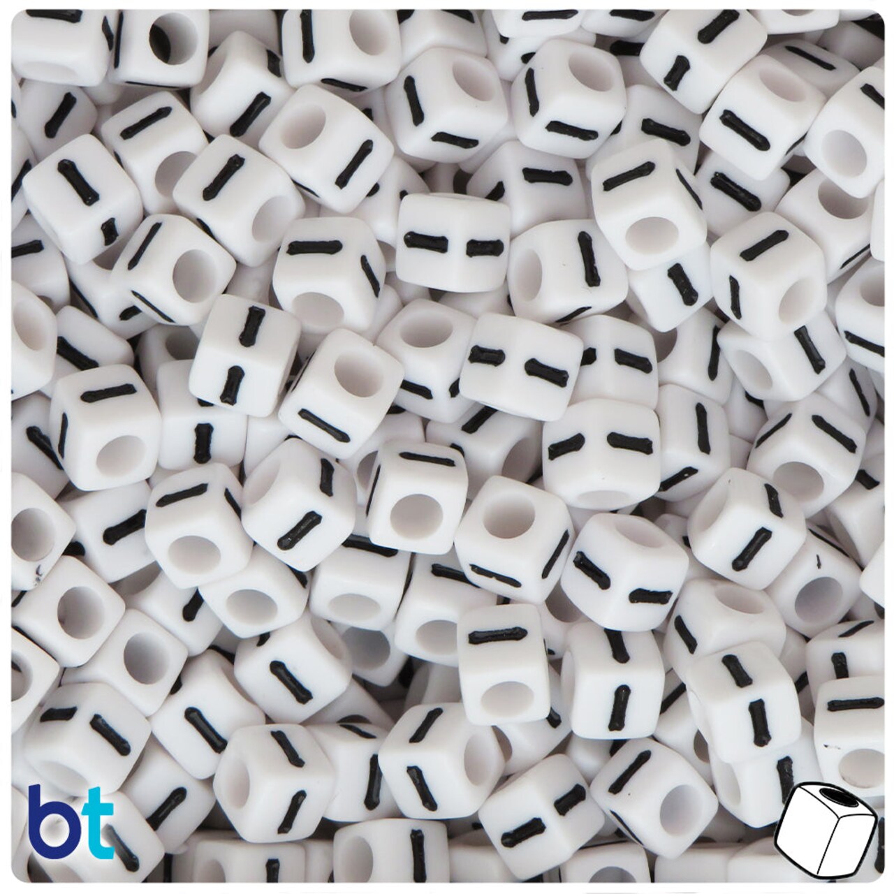 BeadTin White Opaque 7mm Cube Plastic Alpha Beads - Black Letter I (75pcs)